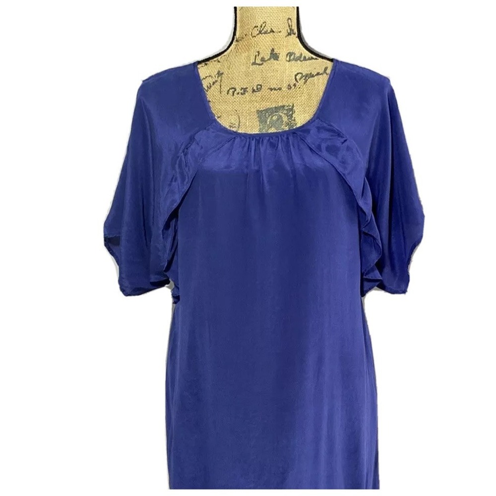 Moulinette Soeurs Dress 4 Blue 100% Silk Short Dolman Sl Ruffle Satin Work Party - Picture 2 of 7